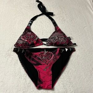 Affliction, pink and black two-piece bikini swimsuit